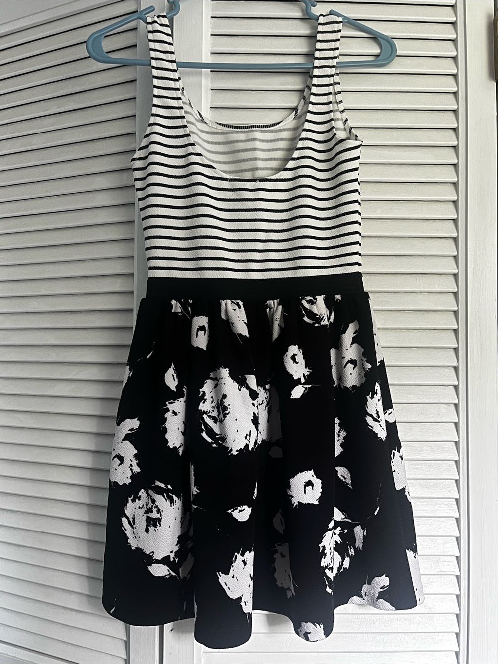 Aqua Black & White Striped Bodice Floral Skater Dress